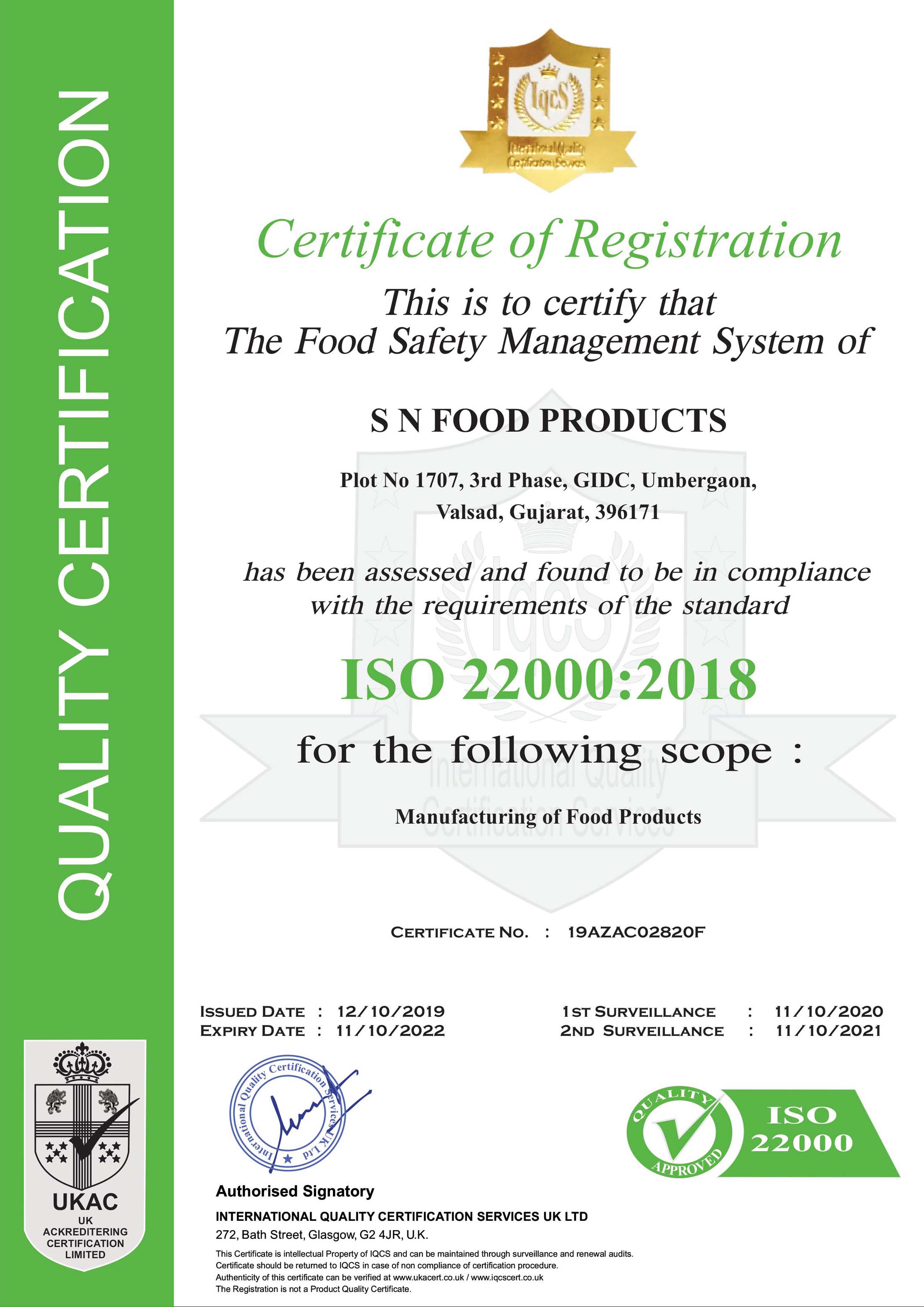 Certificate | S N Food Products